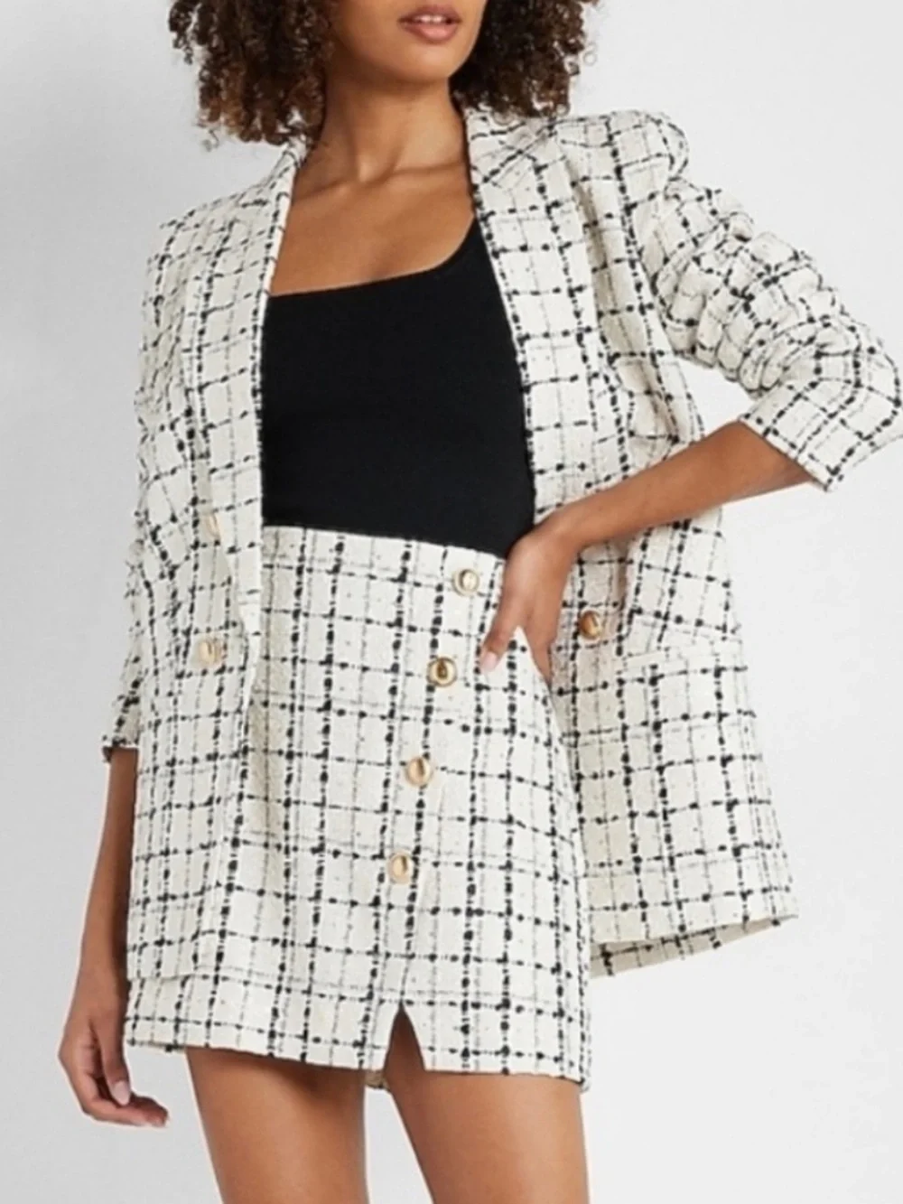 EXPRESS Plaid Tweed Boyfriend Blazer & High Waisted Button Mini Skirt suit